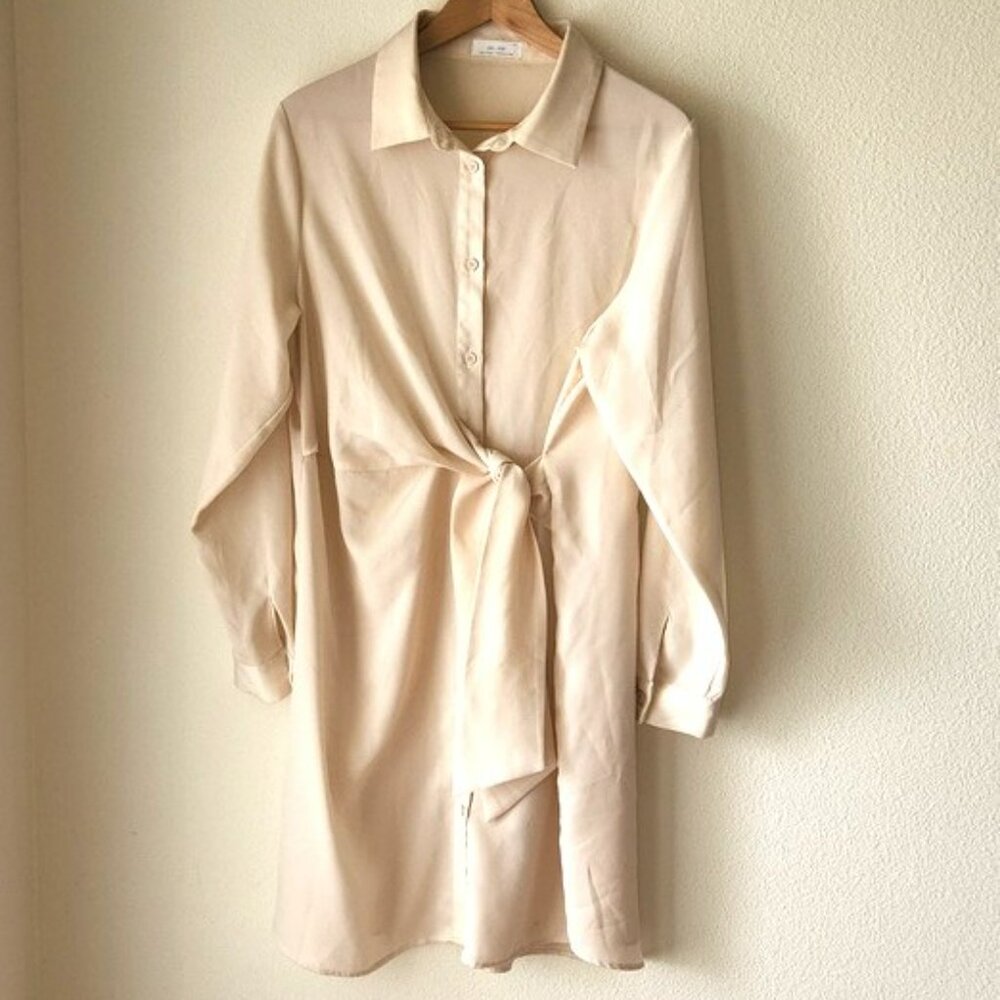 Oak + Fort cream dress button front midi length Sz L office business casual